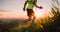 Cropped photo of Middle-aged mountain trail runner man dressed bright t-shirt with a backpack endurance running uphill by