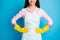 Cropped photo of positive cool cleaner girl ready disinfect house home put hands waist wear good look outfit isolated