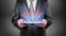 Cropped portrait of a businessman holding tablet with broken arrow above it