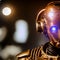 Cropped portrait of cyborg with full gold armor in copper color against blurred background with glowing LED eyes, made with