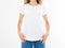 Cropped portrait young attractive woman in stylish white t-shirt isolated, girl in tshirt,blank