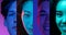 Cropped portraits of group of people, men and women on multicolored background in neon light, collage.