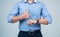 cropped punctual man in shirt check time on hand watch and show thumb up, punctuality
