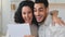 Cropped shot happy couple Hispanic bearded husband man and curly Indian Latino woman wife read letter open envelope