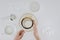 cropped shot of person sifting flour while cooking pancakes