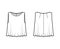 Cropped top technical fashion illustration with relaxed fit, oval neck, flare hem, back button-fastening keyhole tank