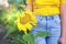 Cropped view of a girl holdng a sunflower