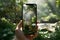 A cropped view of a hand holding a phone against a backdrop of nature\\\'s beauty. AI Generated