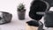 Cropped view of hands in black gloves planting cactus