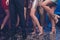 Cropped view of nice-looking glamorous stylish trendy adorable shine ladies and guys gentlemen legs dancing having fun