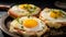 A croque madame English muffin is a toasted muffin topped with ham, bechamel sauce, egg and cheese