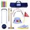 Croquet equipment, game tool collection, icons set