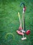 Croquet equipment on lawn