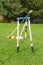 Croquet equipment propped up ready for use