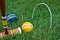 Croquet mallet and ball in grass