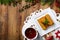 Croquettes with sauerkraut and mushrooms served with beetroot soup. Christmas decoration