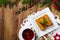 Croquettes with sauerkraut and mushrooms served with beetroot soup. Christmas decoration