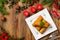 Croquettes with sauerkraut and mushrooms served with beetroot soup. Christmas decoration