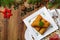 Croquettes with sauerkraut and mushrooms served with beetroot soup. Christmas decoration