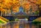 Cross bridge and Chinese bridges in Alexander park in autumn, Pushkin Tsarskoe Selo, Saint Petersburg, Russia