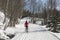 Cross Country skiing Classic Style Nordic Skiing in Forest. Woman in winter doing fun winter sport activity in the snow