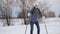 Cross-country skiing on field.