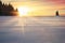 Cross country skiing. A magical start to a new day  in the meadows of the Stolowe Mountains National Park in Poland.