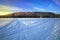 Cross country skiing. A magical start to a new day  in the meadows of the Stolowe Mountains National Park in Poland.