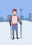 Cross country skiing, winter sport. Young man with skis standing on the background of the evening city. Vector