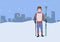 Cross country skiing, winter sport. Young man with skis standing on the background of the evening city. Vector