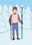 Cross country skiing, winter sport. Young man with skis standing in snow covered forest. Vector illustration.