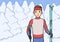 Cross country skiing, winter sport. Young man with skis standing in snow covered forest. Vector illustration.