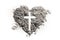 Cross or crucifix in heart symbol made of ash