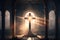 Cross crucifix illuminated by miracle of light in church. Faith and religion concept. Generative AI