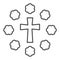 Cross and flowers thin line icon. Floral decoration oval around christian crucifix outline style pictogram on white