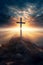 Cross of God in the rays of the sun on hill, beautiful panorama, portrait