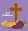 Cross grapes bread wheat ear icon. Vector graphic