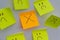 Cross hand wrote on post-it note in the middle of lots of sad faces. Depression, anxiety, stop sadness, pretend to be okey and