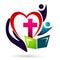 Cross with heart love bible church people union care love logo design icon on white background