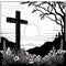 Cross of Jesus Christ in the forest. Black and white illustration