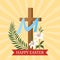 Cross of Jesus Christ, lily flower and palm branch with greeting inscription Happy Easter