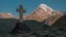 Cross in Kazbegi with view of mountain Kazbek