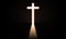 Cross light in dark concrete room or hall, great hall cross as a doorway in a grungy black building . resurrection god ways