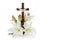 Cross with lilies isolated on white background for decorative design. Spring background. Easter card.