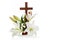 Cross with lilies isolated on white background for decorative design. Spring background. Easter card.