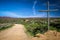 A cross marking The Way on the Camino Frances path to Santiago de Compostela