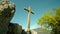 Cross monument stands on pile of big stones in Italy