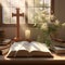 cross and an open Holy Bible, both bathed in gentle sunlight