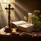 cross and an open Holy Bible, both bathed in gentle sunlight