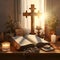 cross and an open Holy Bible, both bathed in gentle sunlight